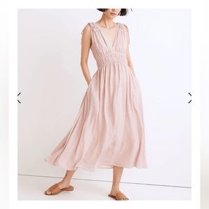 Sophia Smocked MIDI Dress, polka dots & pockets! Blush pink & white Sm sundress